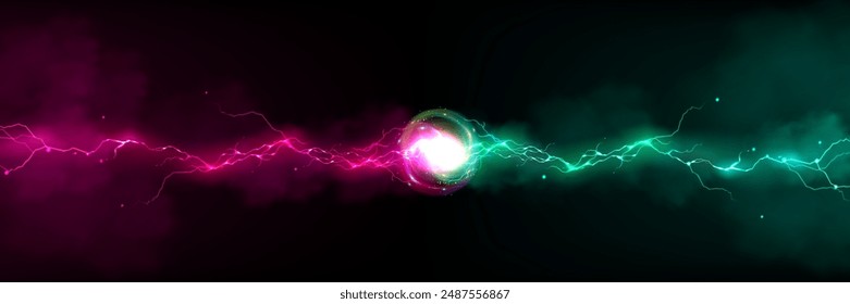 Red vs green lightning bolt resistance on black background. Vector realistic illustration of neon light energy confrontation concept, smoke clouds in air, power discharge versus magic force strike