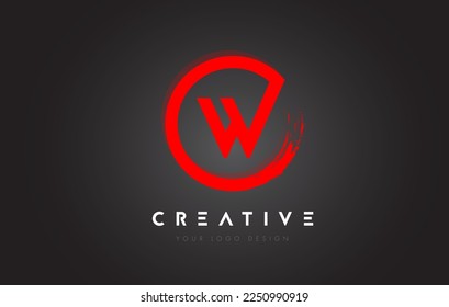 Red W Circular Letter Logo with Circle Brush Design and Black Background.