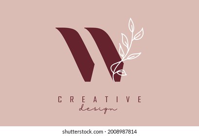 Red W letter logo design with white leaves branch vector illustration. Creative and elegant icon with letter W.
