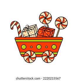 Red Wagon with Gifts and Sweets for Christmas Isolated Element