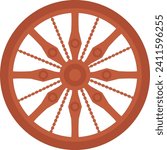 Red wagon wheel with vintage design on white background. Classic old-fashioned carriage wheel vector illustration.