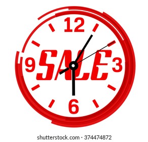 red wall clock on a white background.inscription - sale.