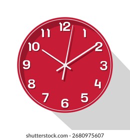 Relógio de parede vermelho com números brancos e mãos mostrando hora às 10:10:01 em um fundo branco.