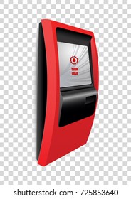 Red Wall mount self service terminal or public information kiosk with Touch Screen Display isolated on transparent background. Mock Up Template.