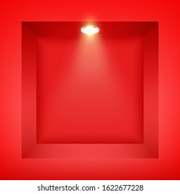 Red Wall Niche With Spotlight. Recess In A Colored Wall In Square Shaped With Point Light. Editable Background Vector Illustration.