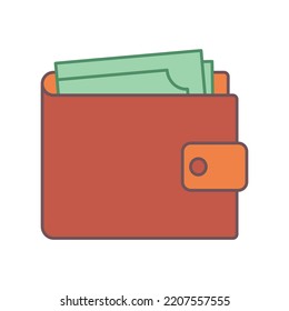 Cartera roja con un icono de billetes. Ilustración vectorial moderna