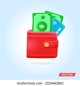 Red wallet with credit card and money. Paper banknotes, credit card, red wallet. 3d vector in high quality.	