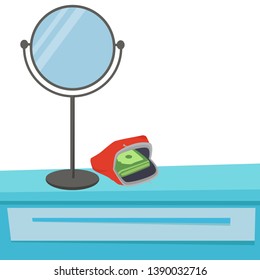 Red wallet with money on the table next to the mirror. Flat vector illustration.