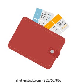 Red wallet with tickets for use in web design. Vector isolated image for use in clipart