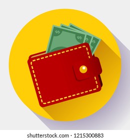 Red wallet Vector Icon flat style. Wallet with money icon vector