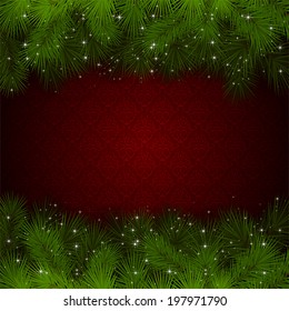 Red wallpaper with branches of Christmas tree, illustration.