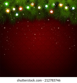 Red wallpaper with branches of Christmas tree and colored light bulbs, illustration.