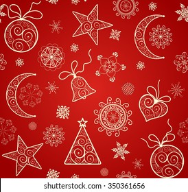 Red wallpaper for winter holiday with lacy golden baubles