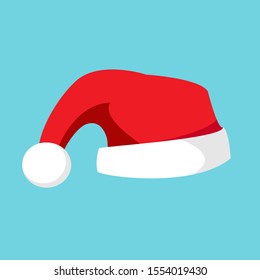Red warm Santa Claus hat with white round pompom isolated on a blue background. Vector flat cartoon illustration