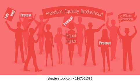 Red warm vector illustration of protesters. People demonstration, protest, revolution and conflict in city.
