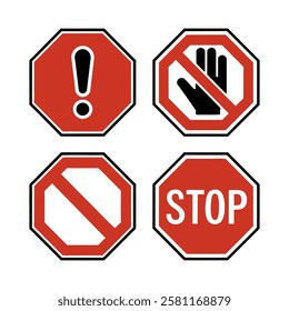 Red Warning and Restriction Signs Set - Stop, Prohibited, No Entry, Safety Symbols, Alert, Forbidden, Danger Icons