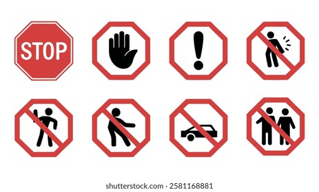 Red Warning and Restriction Signs Set - Stop, Prohibited, No Entry, Safety Symbols, Alert, Forbidden, Danger Icons