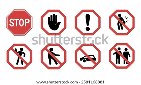 Red Warning and Restriction Signs Set - Stop, Prohibited, No Entry, Safety Symbols, Alert, Forbidden, Danger Icons