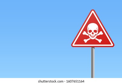 Red warning road sign skull crossbones danger symbol white frame blue sky background