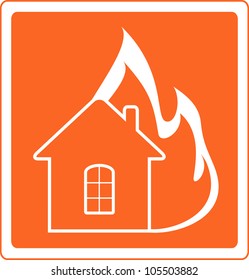 red warning sign with house fire
