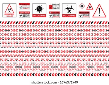 Red Warning Sign. Seamless Caution Warning Tape. Stop Covid-19. Danger Tape. Red And White Attention Stripe Set. Warning Signs. Caution Lines. Vector Illustration. Stop Sign.