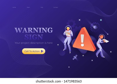 Red warning sign web page design template with two astronauts. Vector for web design on navy blue background.