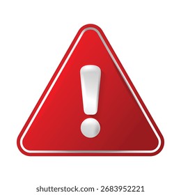 Triângulo de aviso vermelho com ponto de exclamação em negrito, sinal de atenção brilhante 