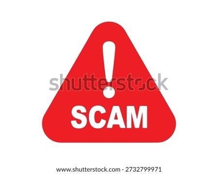 Red warning triangle with exclamation mark and 'scam' text. Indicates fraud, danger or deception.
