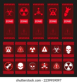 Ventanas de advertencia rojas sobre el peligro de la radiación. Alta tensión y precaución con la radiación nuclear. Ventanas de advertencia rojas sobre riesgos de radiación, peligro de radiación de mensajes de peligro y alta tensión.