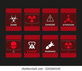 Red warning windows about radiation hazard. High voltage and nuclear radiation caution. Red warning windows about radiation hazard, danger message radiation hazard and high voltage.