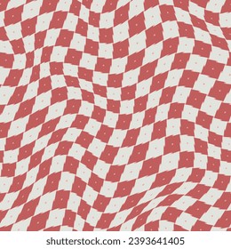 Red warped pixelated checkerboard pattern. Seamless vector