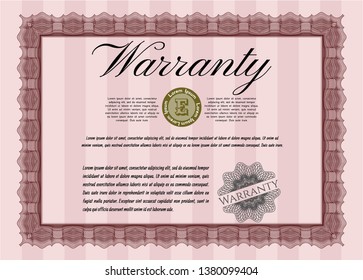 Red Warranty Certificate template. With background. Detailed. Elegant design. 