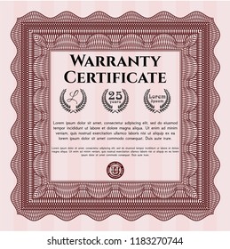 Red Warranty Certificate template. With complex linear background. Money style design. Vector illustration. 