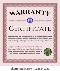 Red Warranty Certificate template. Complex background. Vector illustration. Cordial design. 