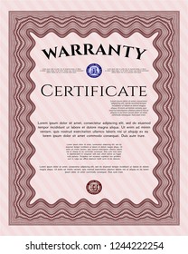 Red Warranty Certificate template. With complex linear background. Customizable, Easy to edit and change colors. Good design. 