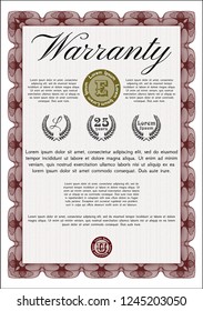 Red Warranty Certificate template. With complex linear background. Detailed. Retro design. 