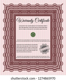 Red Warranty Certificate template. Complex background. Cordial design. Vector illustration. 