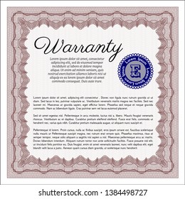 Red Warranty Certificate template. With complex linear background. Lovely design. Vector illustration. 