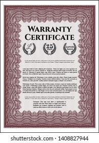Red Warranty Certificate template. With complex linear background. Money Pattern. Customizable, Easy to edit and change colors. 