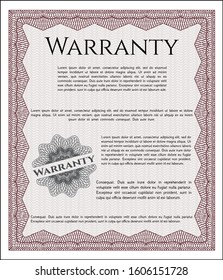 Red Warranty Certificate template. With complex linear background. Money Pattern design. Customizable, Easy to edit and change colors. 