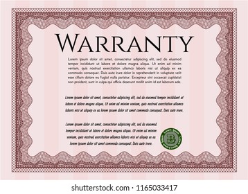 Red Warranty Certificate template. Detailed. With complex background. Sophisticated design. 