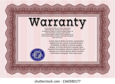 Red Warranty Certificate template. With great quality guilloche pattern. Customizable, Easy to edit and change colors. Money style design. 