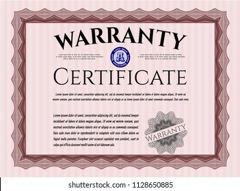 Red Warranty Certificate template. With linear background. Detailed. Nice design. 