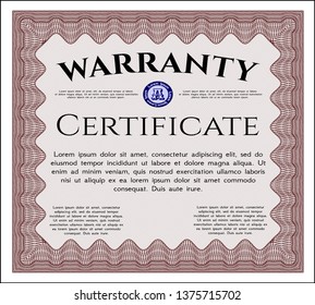Red Warranty Certificate template. With linear background. Customizable, Easy to edit and change colors. Artistry design. 