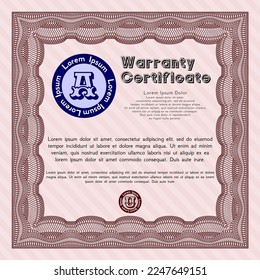 Plantilla de certificado de garantía roja. Buen diseño.  Con patrón de guilloche y fondo.  Ilustración vectorial. 
