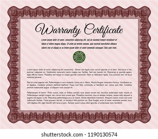 Red Warranty Certificate template. Printer friendly. Money design. Vector illustration. 