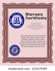 Red Warranty Certificate template. Vector illustration. With guilloche pattern and background. Money Pattern. 
