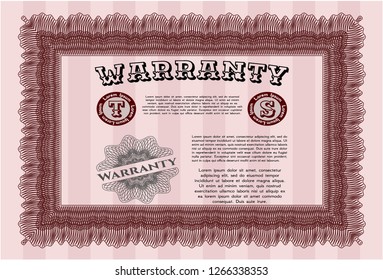 Red Warranty Certificate template. Vector illustration. With linear background. Nice design. 
