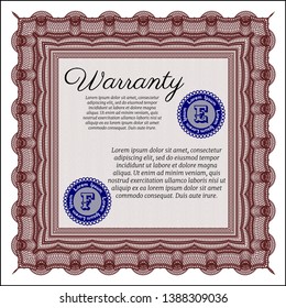 Red Warranty Certificate template. Vector illustration. With complex background. Money Pattern. 