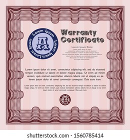 Red Warranty. With complex linear background. Artistry design. Vector illustration. 